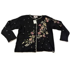 Tiara International Black Red Beaded Embroidery Knit‎ Sweater Cardigan NWT 1990s